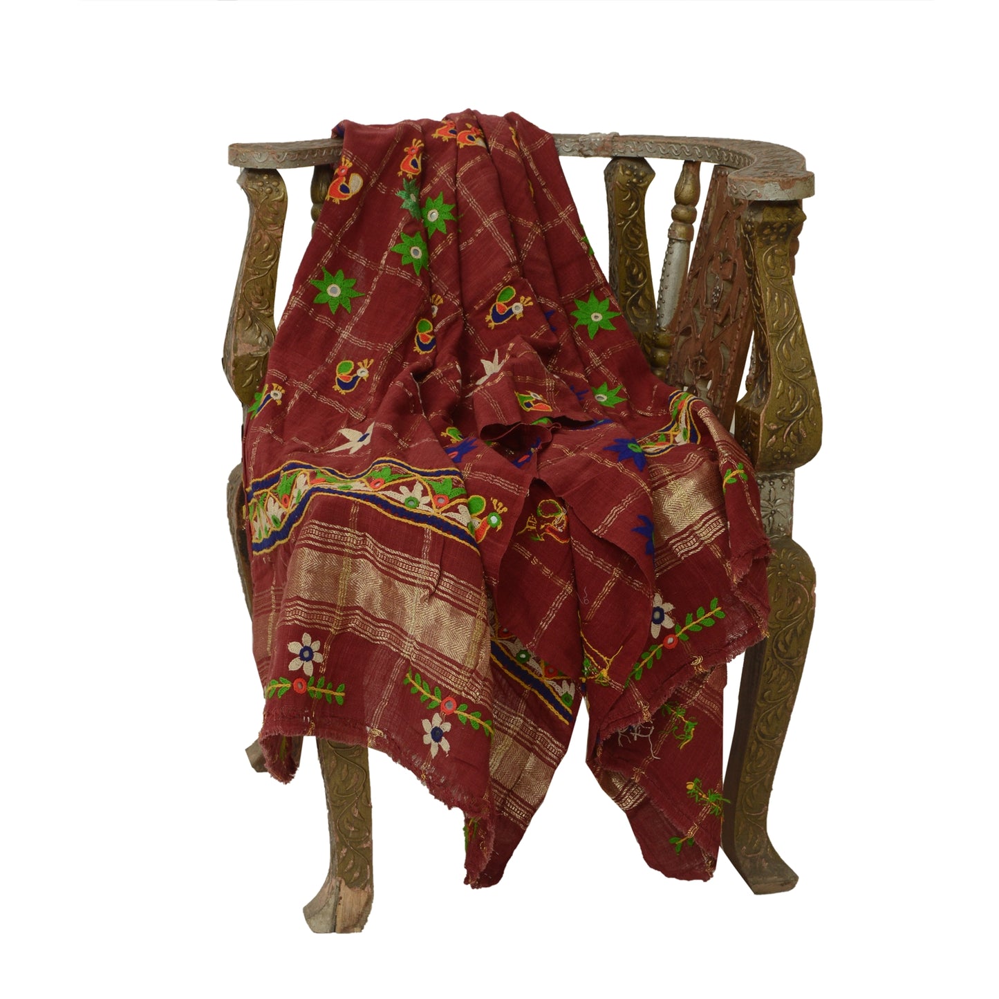 Sanskriti Vintage Indian Hand Embroidered Kutch Work Cotton Shawl Scarf Stole