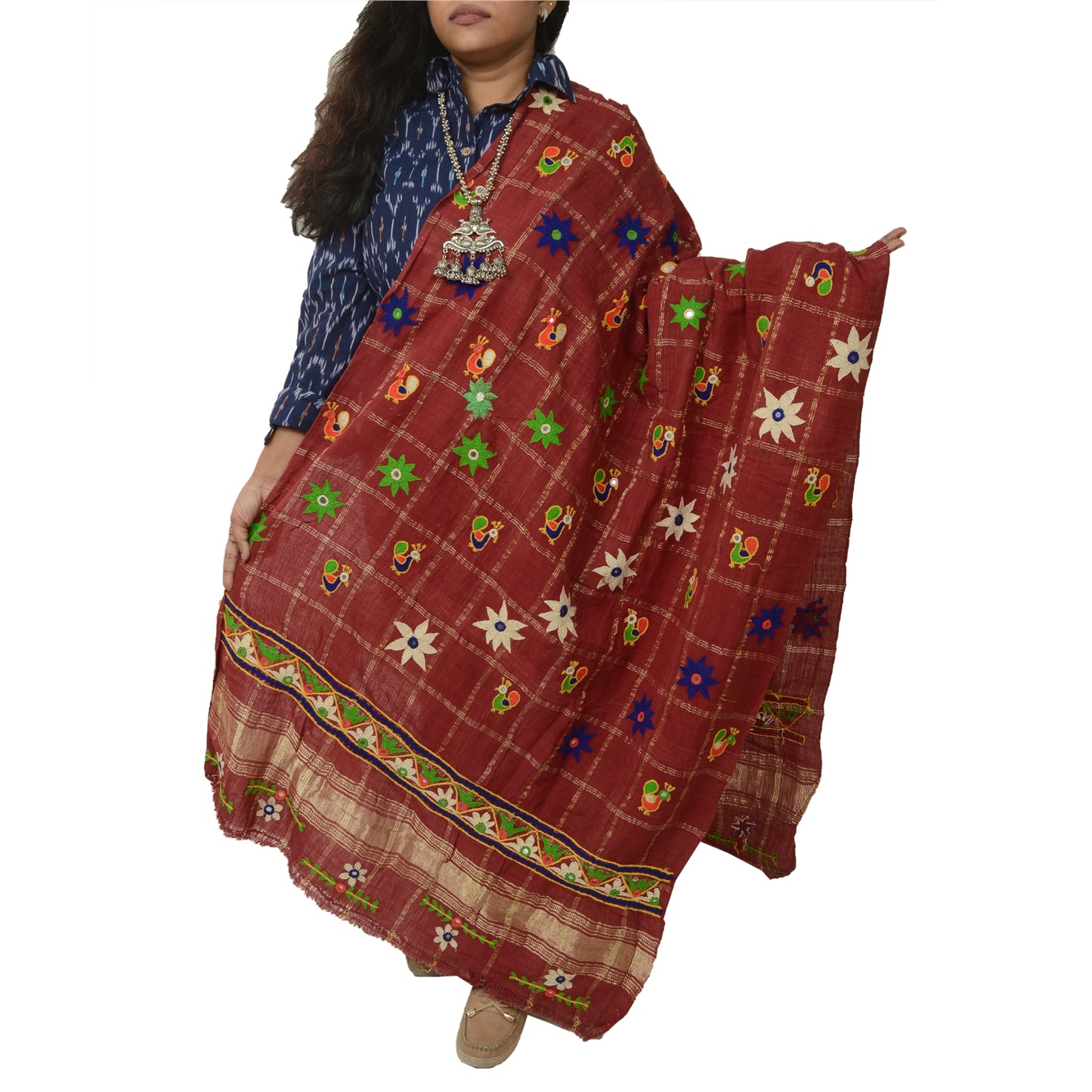 Sanskriti Vintage Indian Hand Embroidered Kutch Work Cotton Shawl Scarf Stole