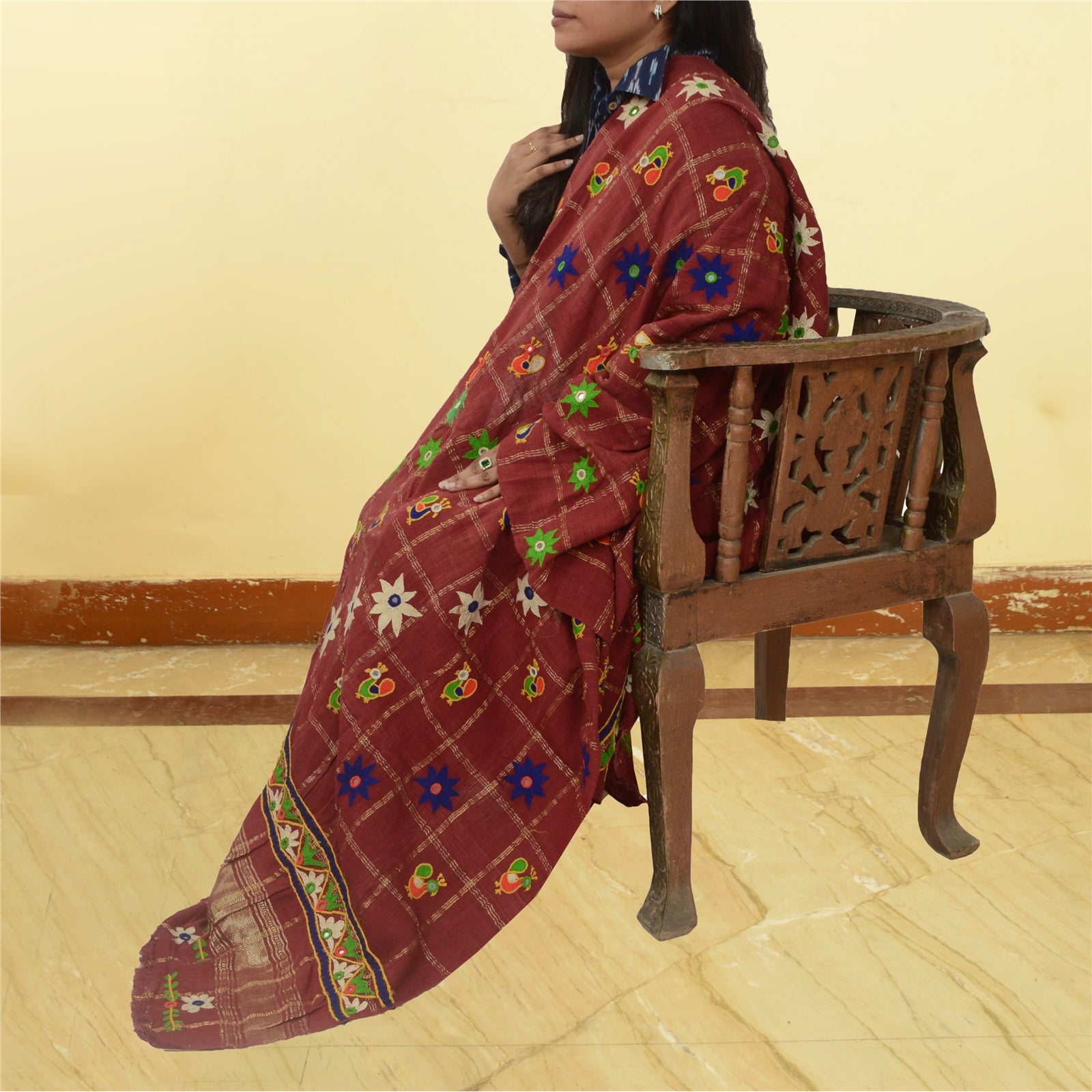 Sanskriti Vintage Indian Hand Embroidered Kutch Work Cotton Shawl Scarf Stole