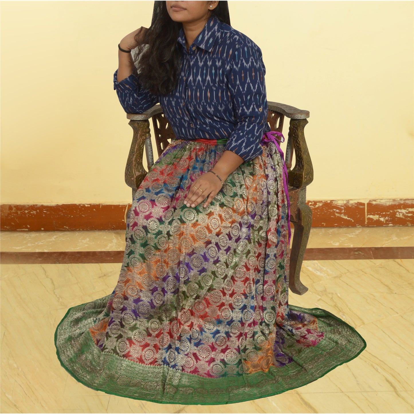 Sanskriti Vintage Long Stitched Skirt Pure Silk Woven Brocade/Banarasi Lehenga