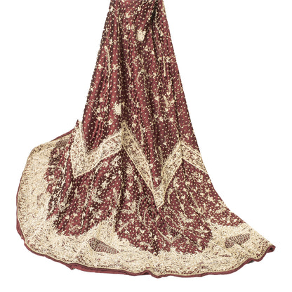 Sanskriti Vintage Long Skirt Pure Satin Hand Beaded Dark Red Stitched Lehenga