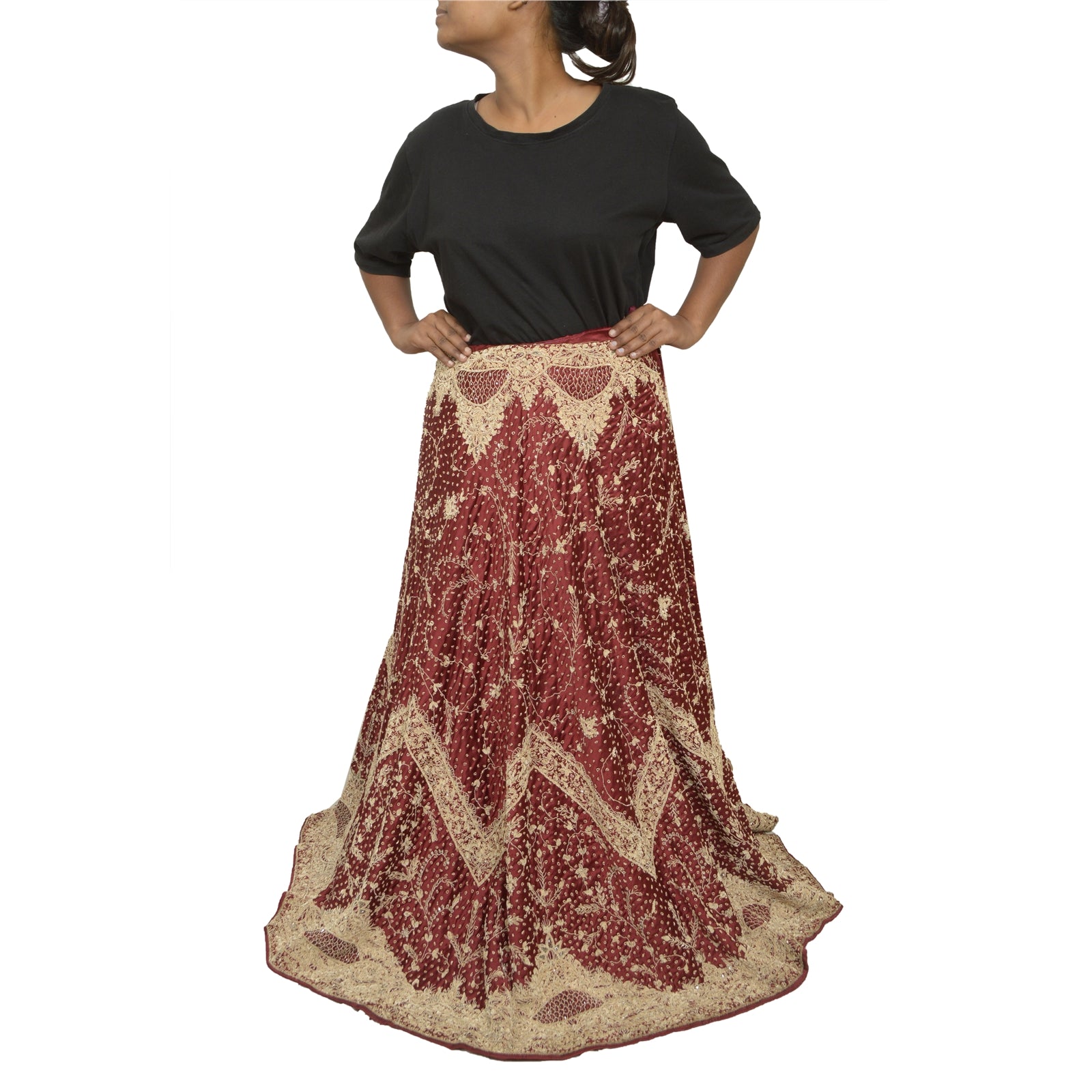 Sanskriti Vintage Long Skirt Pure Satin Hand Beaded Dark Red Stitched Lehenga