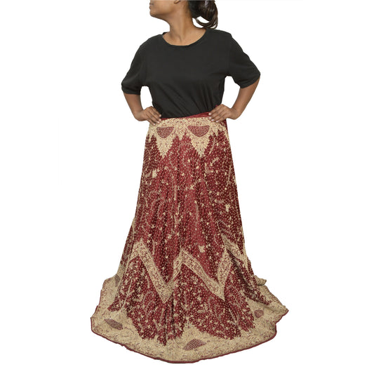 Sanskriti Vintage Long Skirt Pure Satin Hand Beaded Dark Red Stitched Lehenga