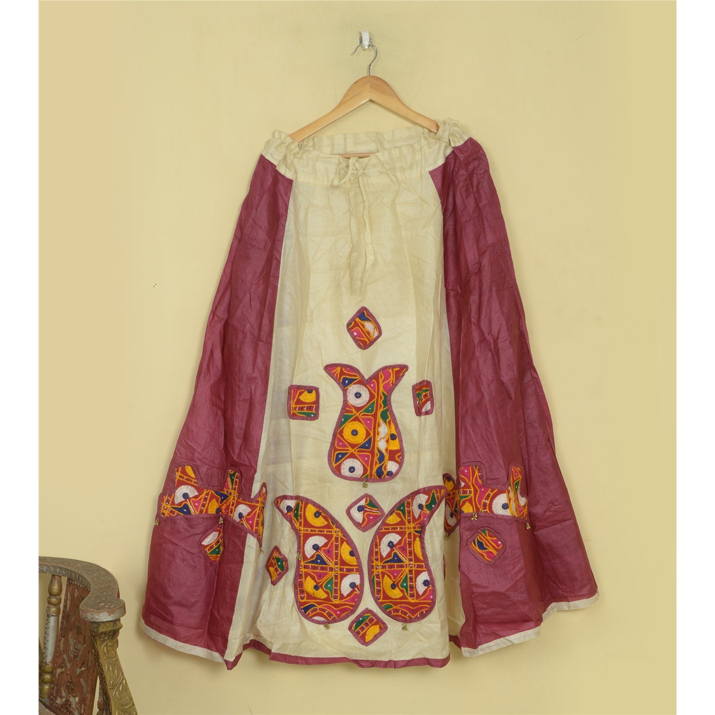 Sanskriti Vintage Indian Long Skirt Pure Silk Hand Embroidered Kutch Lehenga