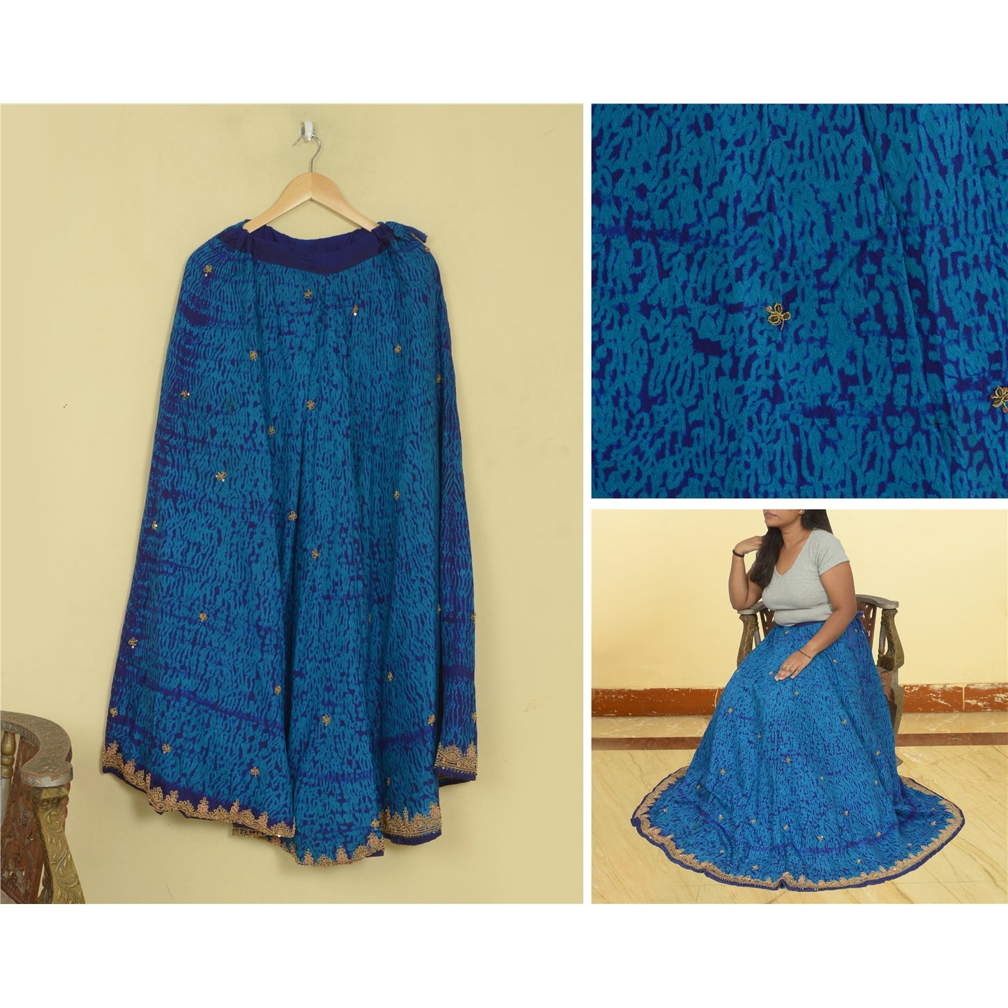 Sanskriti Vintage Pure Silk Long Skirt Hand Beaded Leheria Blue Zardozi Lehenga