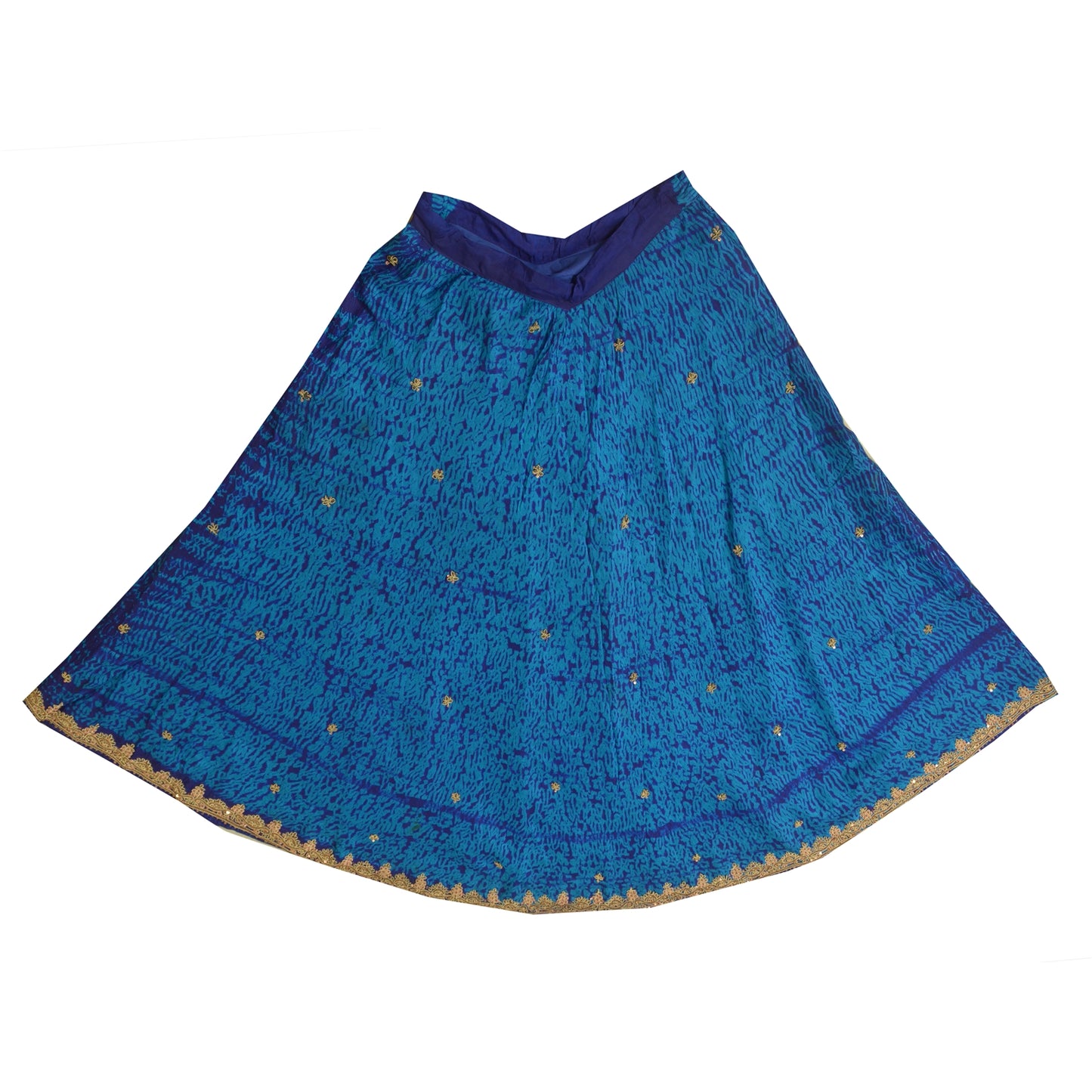 Sanskriti Vintage Pure Silk Long Skirt Hand Beaded Leheria Blue Zardozi Lehenga