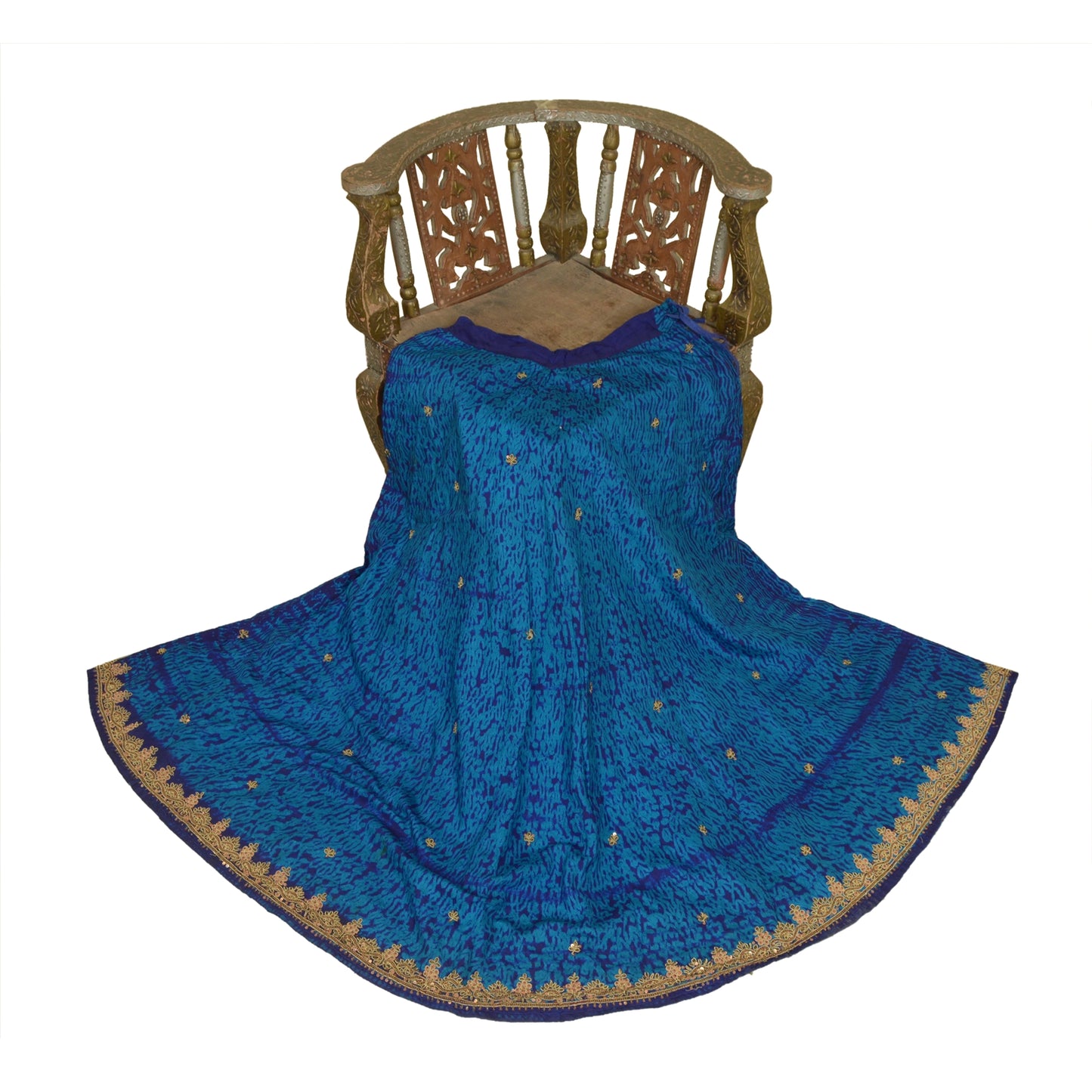 Sanskriti Vintage Pure Silk Long Skirt Hand Beaded Leheria Blue Zardozi Lehenga