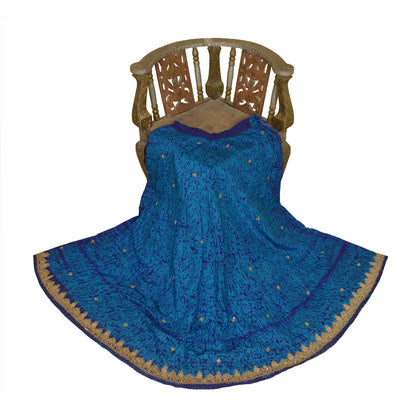 Sanskriti Vintage Pure Silk Long Skirt Hand Beaded Leheria Blue Zardozi Lehenga