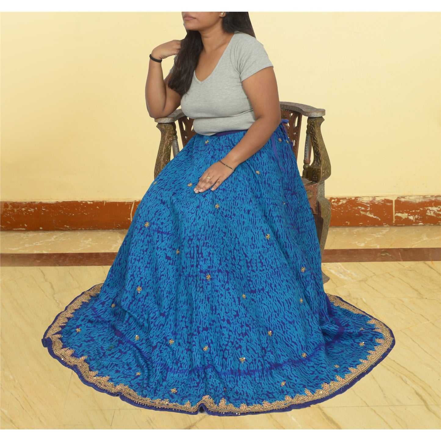 Sanskriti Vintage Pure Silk Long Skirt Hand Beaded Leheria Blue Zardozi Lehenga