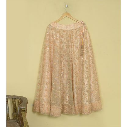 Sanskriti Vintage Hand Beaded Indian Skirt Peach Party Pearl Beads Net Lehenga