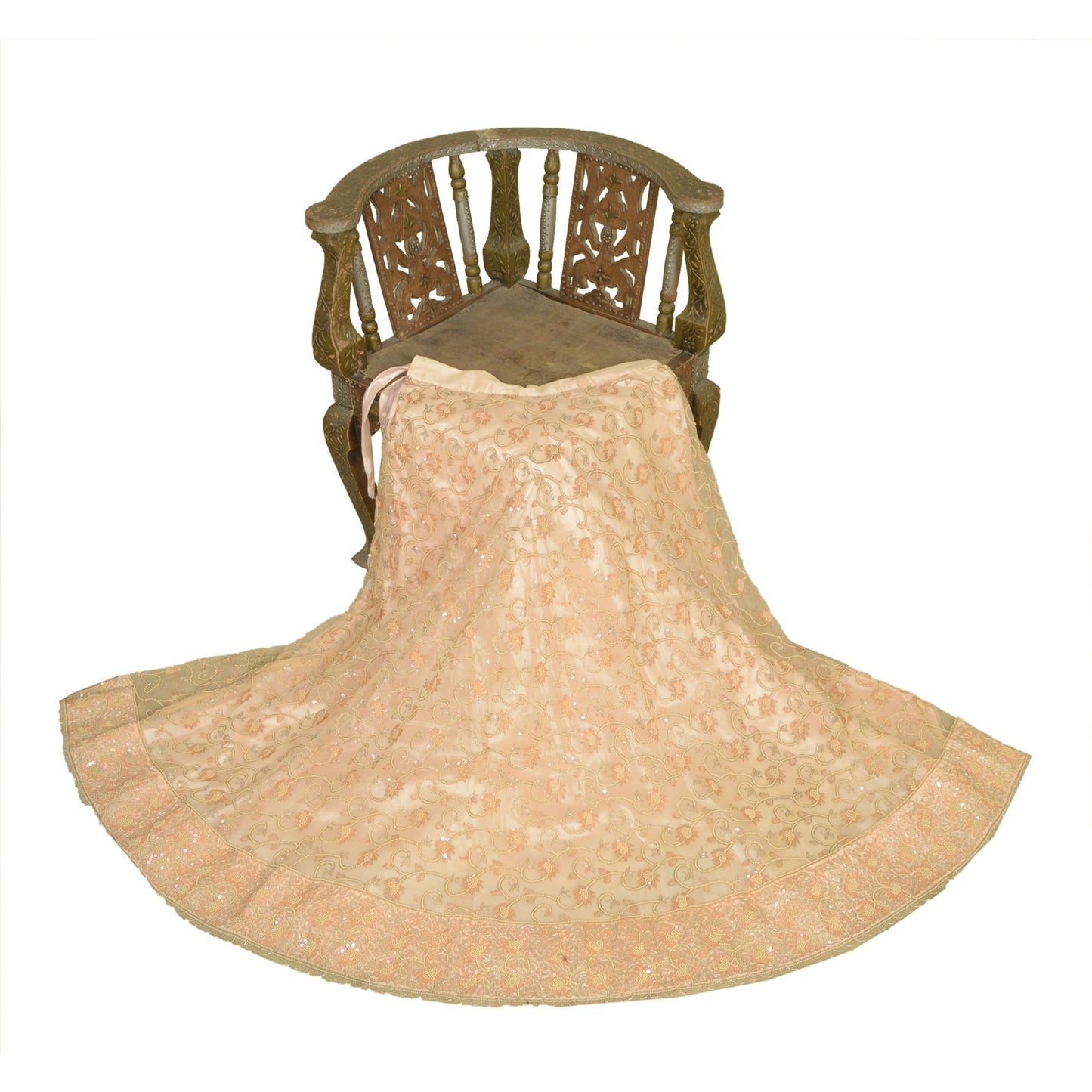 Sanskriti Vintage Hand Beaded Indian Skirt Peach Party Pearl Beads Net Lehenga