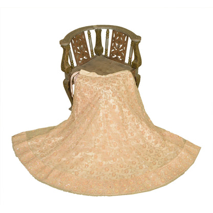 Sanskriti Vintage Hand Beaded Indian Skirt Peach Party Pearl Beads Net Lehenga
