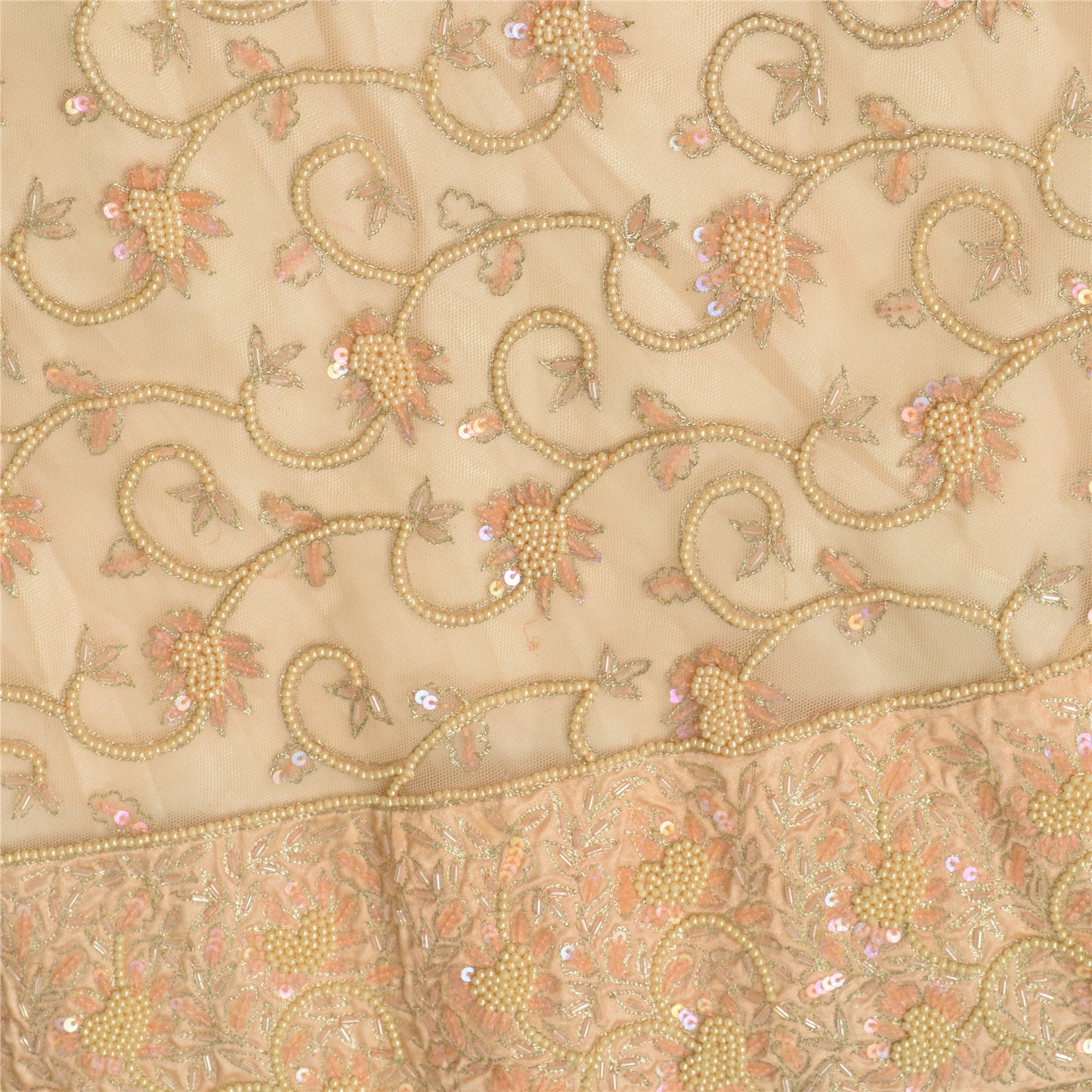 Sanskriti Vintage Hand Beaded Indian Skirt Peach Party Pearl Beads Net Lehenga