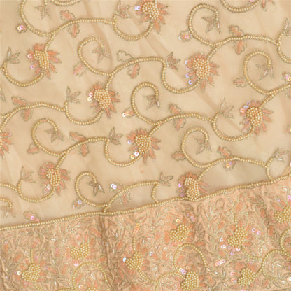 Sanskriti Vintage Hand Beaded Indian Skirt Peach Party Pearl Beads Net Lehenga