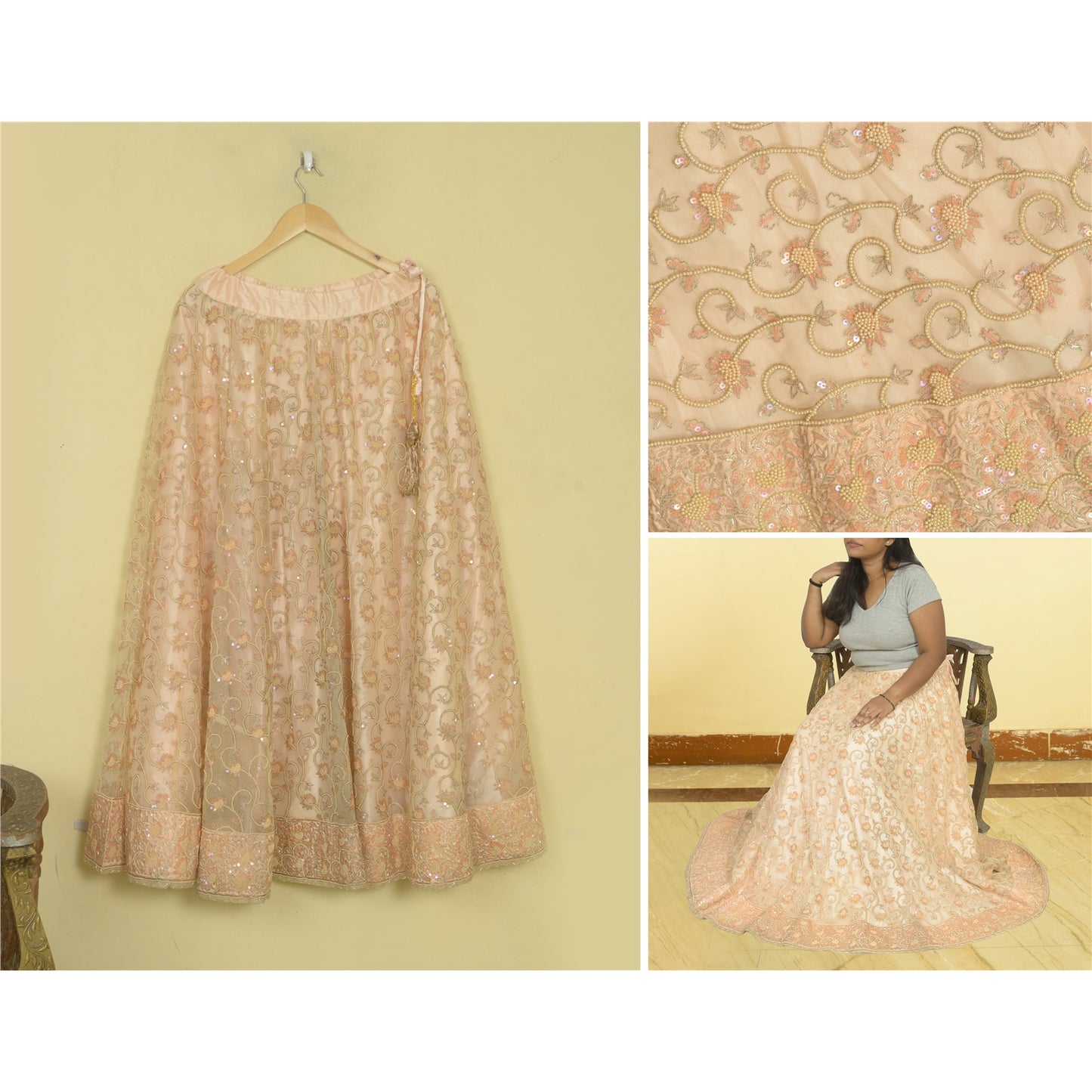 Sanskriti Vintage Hand Beaded Indian Skirt Peach Party Pearl Beads Net Lehenga