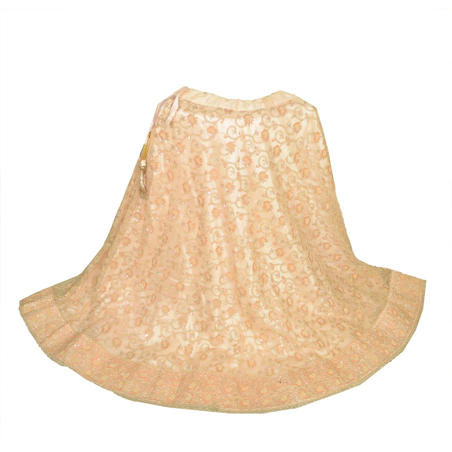 Sanskriti Vintage Hand Beaded Indian Skirt Peach Party Pearl Beads Net Lehenga
