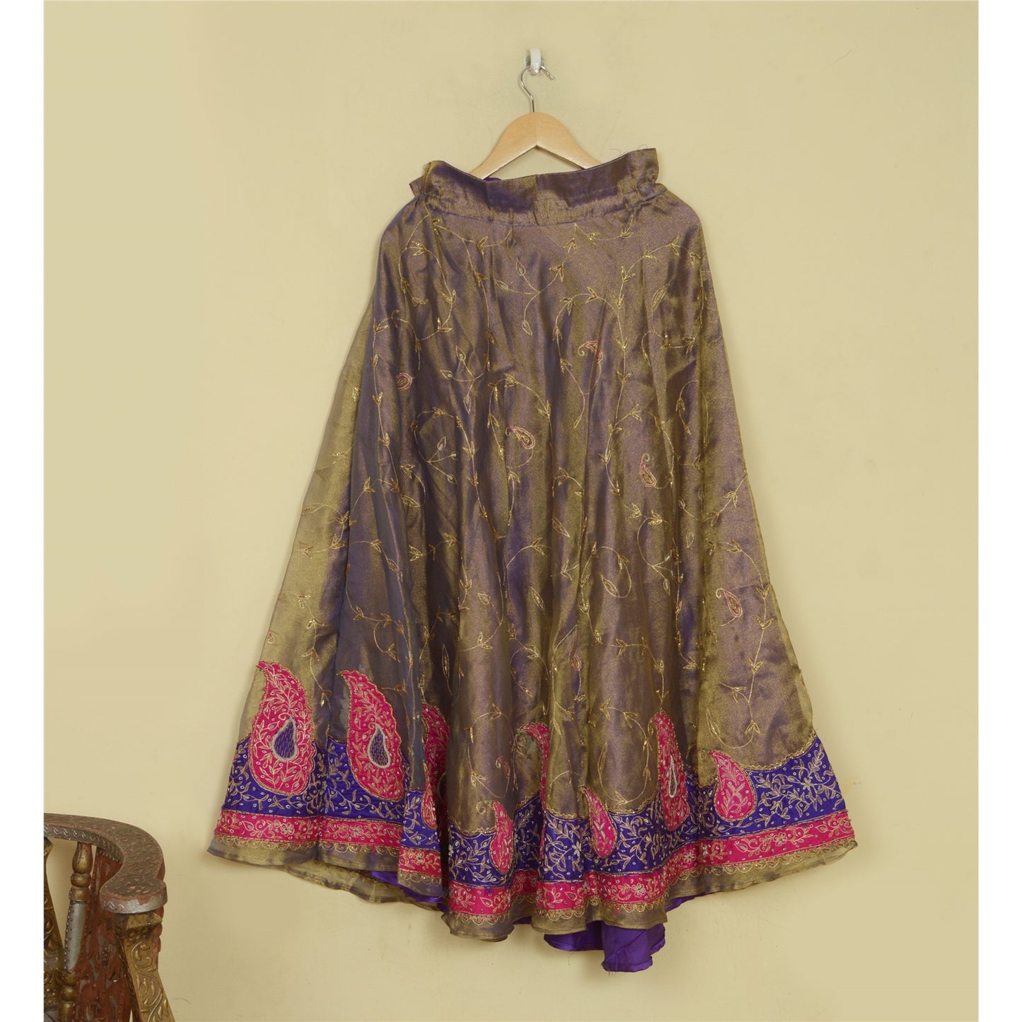 Sanskriti Vintage Hand Beaded Lehenga Tissue Long Skirt Golden ZariZardozi Party