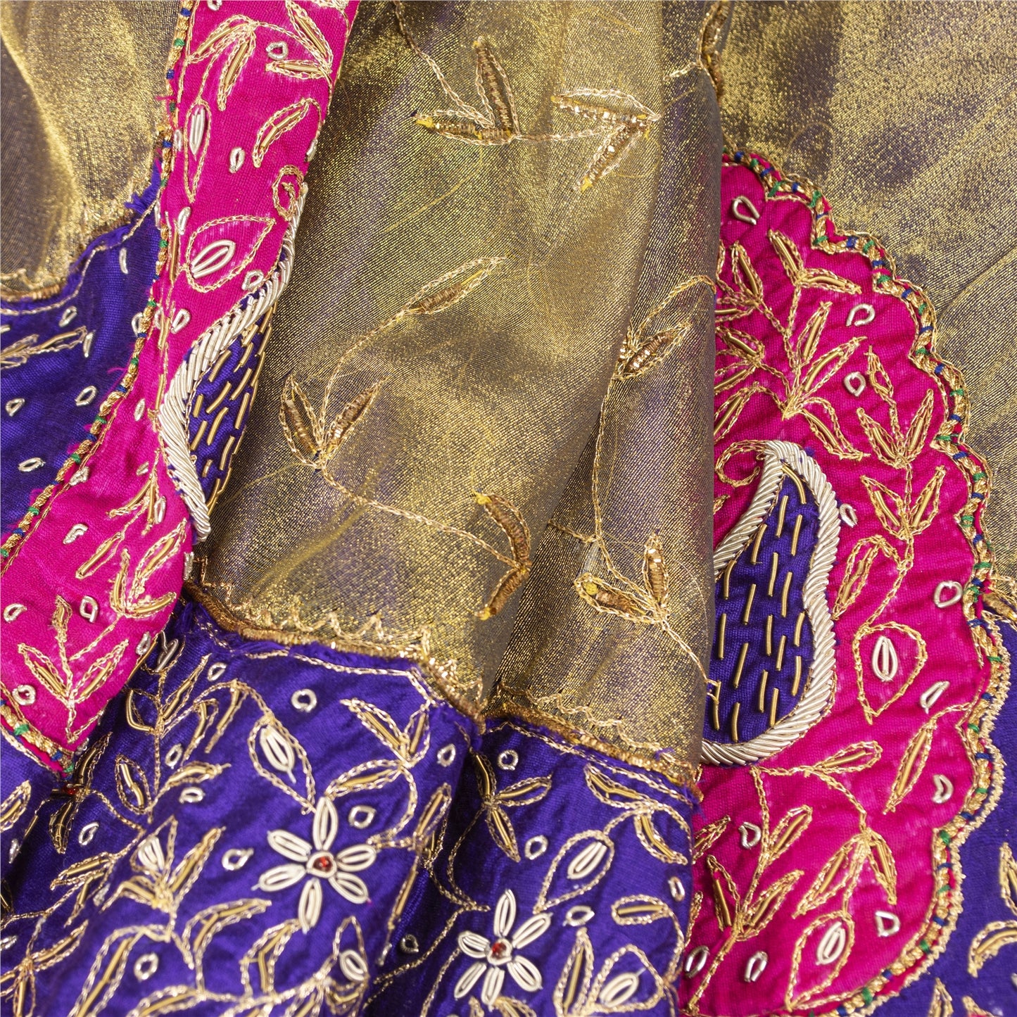 Sanskriti Vintage Hand Beaded Lehenga Tissue Long Skirt Golden ZariZardozi Party