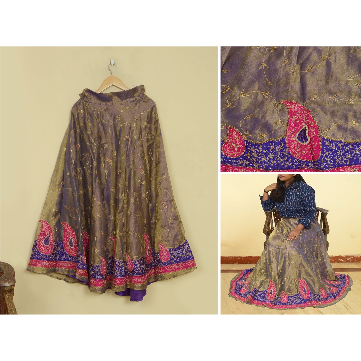 Sanskriti Vintage Hand Beaded Lehenga Tissue Long Skirt Golden ZariZardozi Party