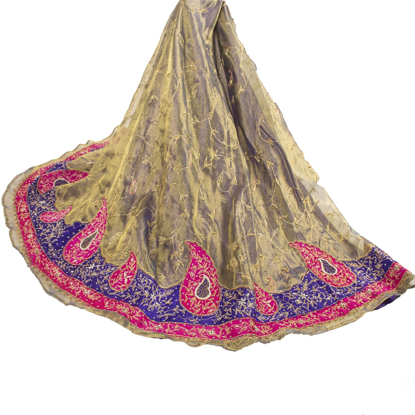 Sanskriti Vintage Hand Beaded Lehenga Tissue Long Skirt Golden ZariZardozi Party