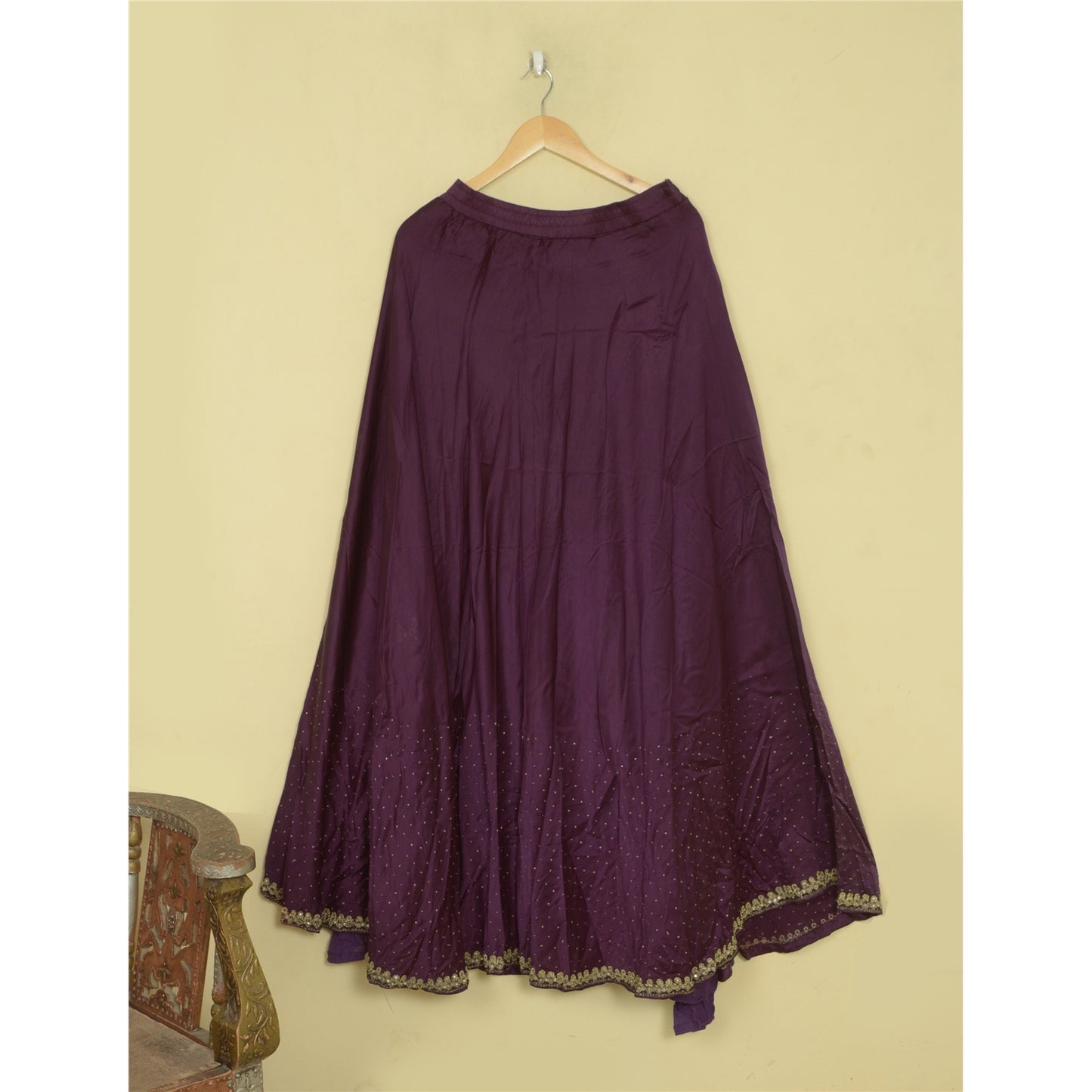 Sanskriti Vintage Long Skirt Hand Embroidered Purple Satin Silk Stitched Lehenga