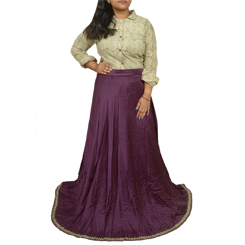 Sanskriti Vintage Long Skirt Hand Embroidered Purple Satin Silk Stitched Lehenga