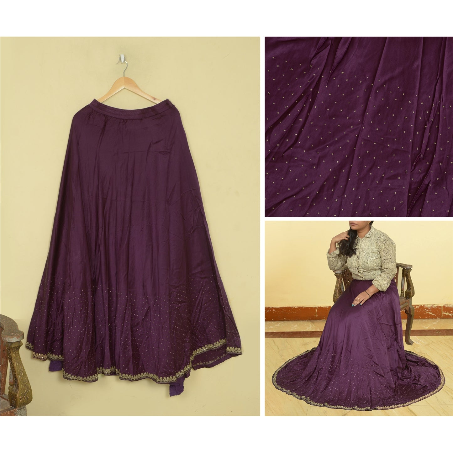 Sanskriti Vintage Long Skirt Hand Embroidered Purple Satin Silk Stitched Lehenga