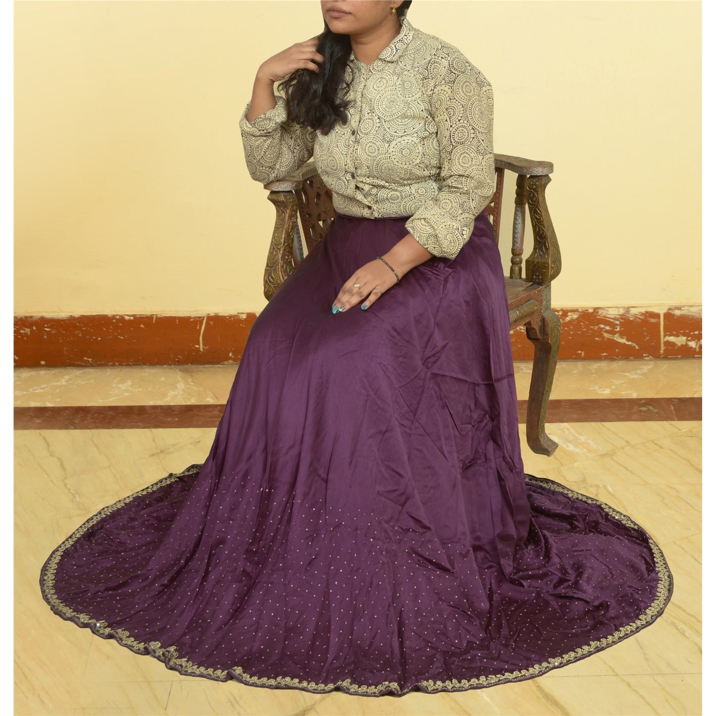 Sanskriti Vintage Long Skirt Hand Embroidered Purple Satin Silk Stitched Lehenga