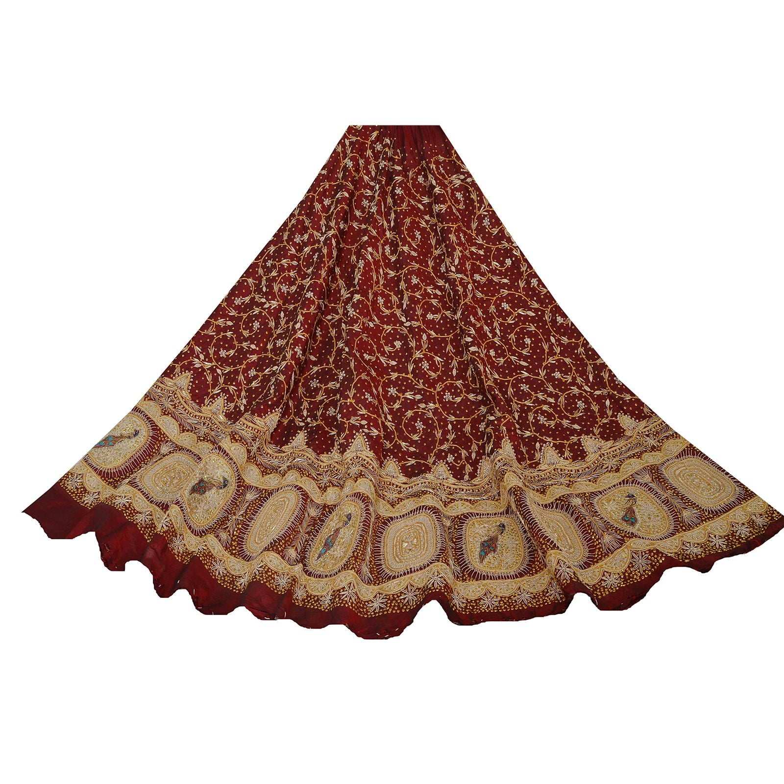 Sanskriti Vintage Red 100% Pure Silk Unstitched Long  Wedding Zardozi Dabka Antique Wedding