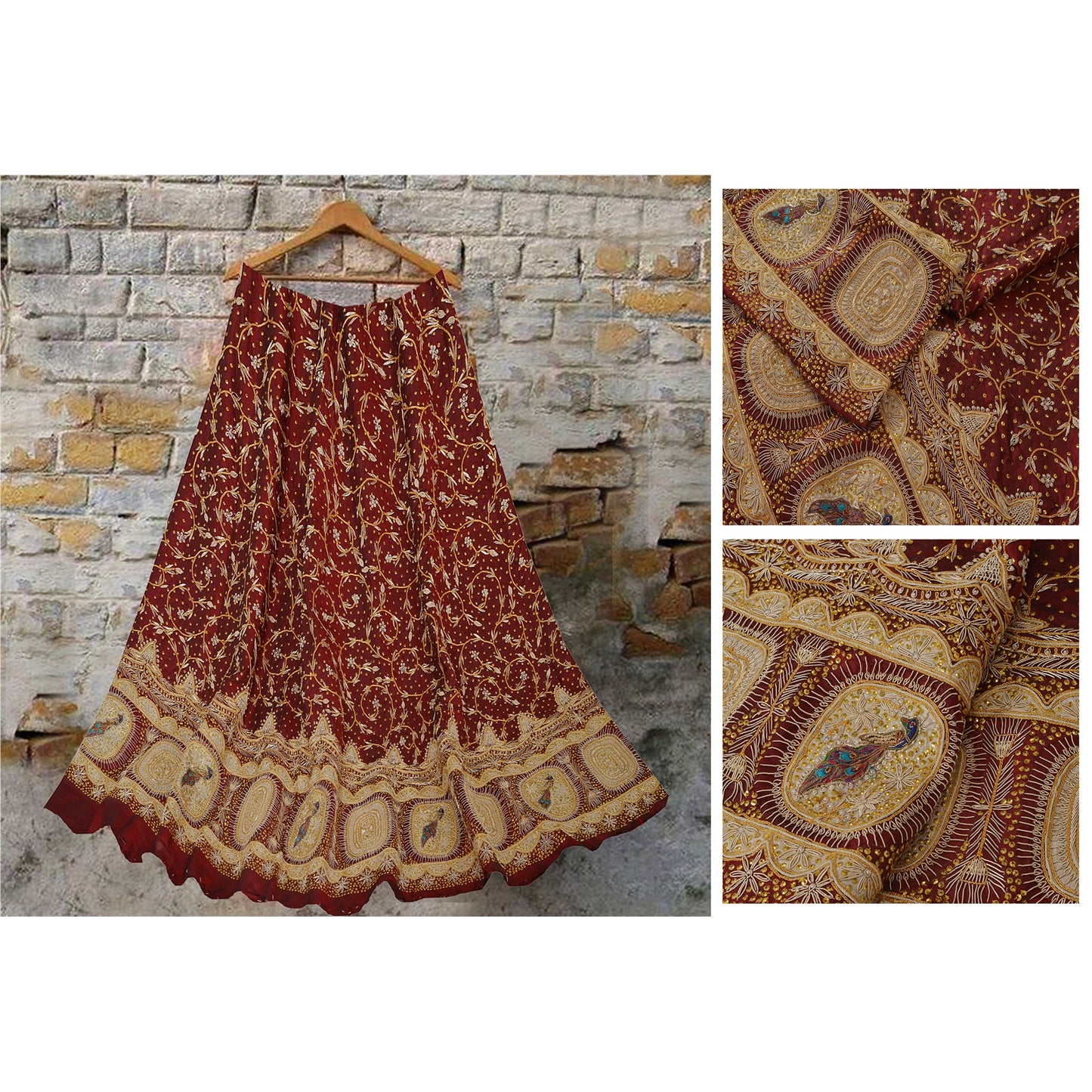 Sanskriti Vintage Unstitched Pure Silk Long Skirt Lehenga Heavy Wedding Zardozi