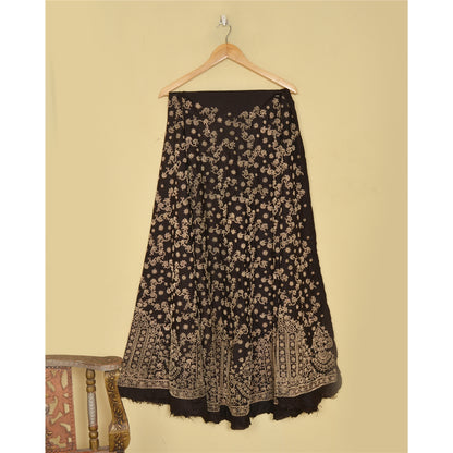 Sanskriti New Black Pure Silk Skirt Unstitched Long Indian Hand Beaded Antique Zardozi