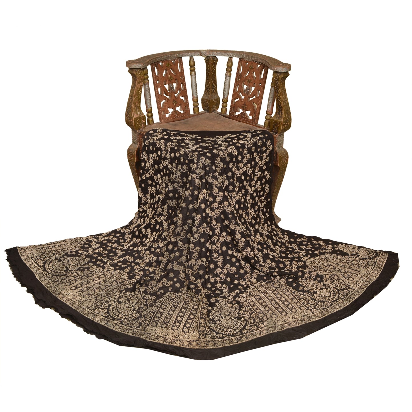 Sanskriti New Black Pure Silk Skirt Unstitched Long Indian Hand Beaded Antique Zardozi