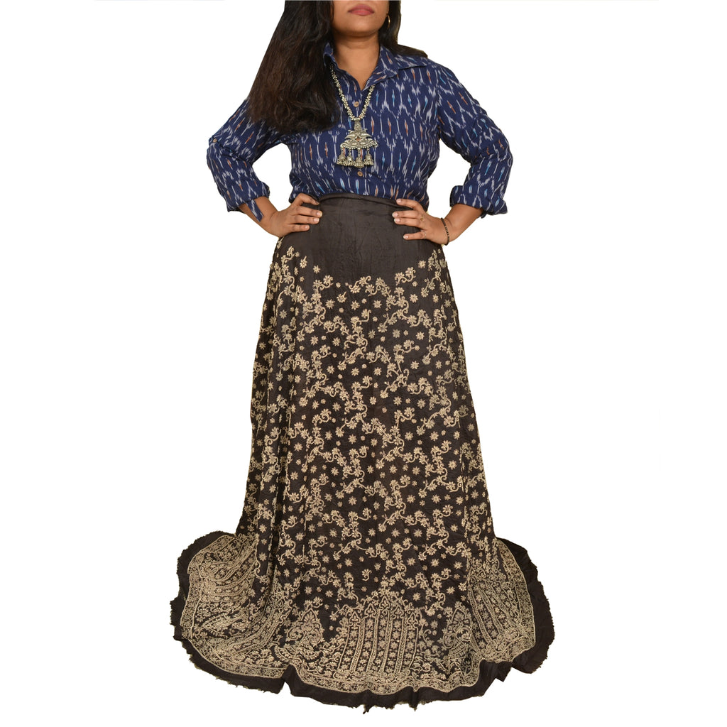 Sanskriti New Black Pure Silk Skirt Unstitched Long Indian Hand Beaded Antique Zardozi