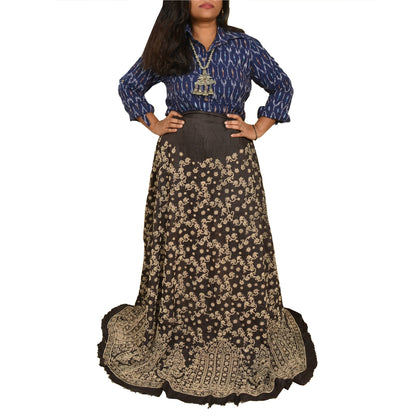 Sanskriti New Black Pure Silk Skirt Unstitched Long Indian Hand Beaded Antique Zardozi