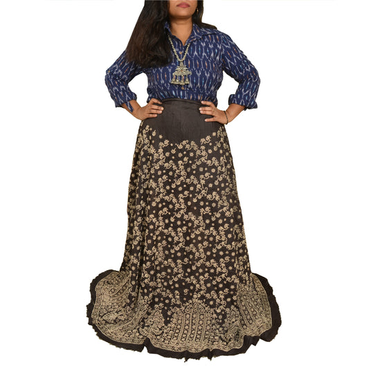 Sanskriti New Black Pure Silk Skirt Unstitched Long Indian Hand Beaded Antique Zardozi