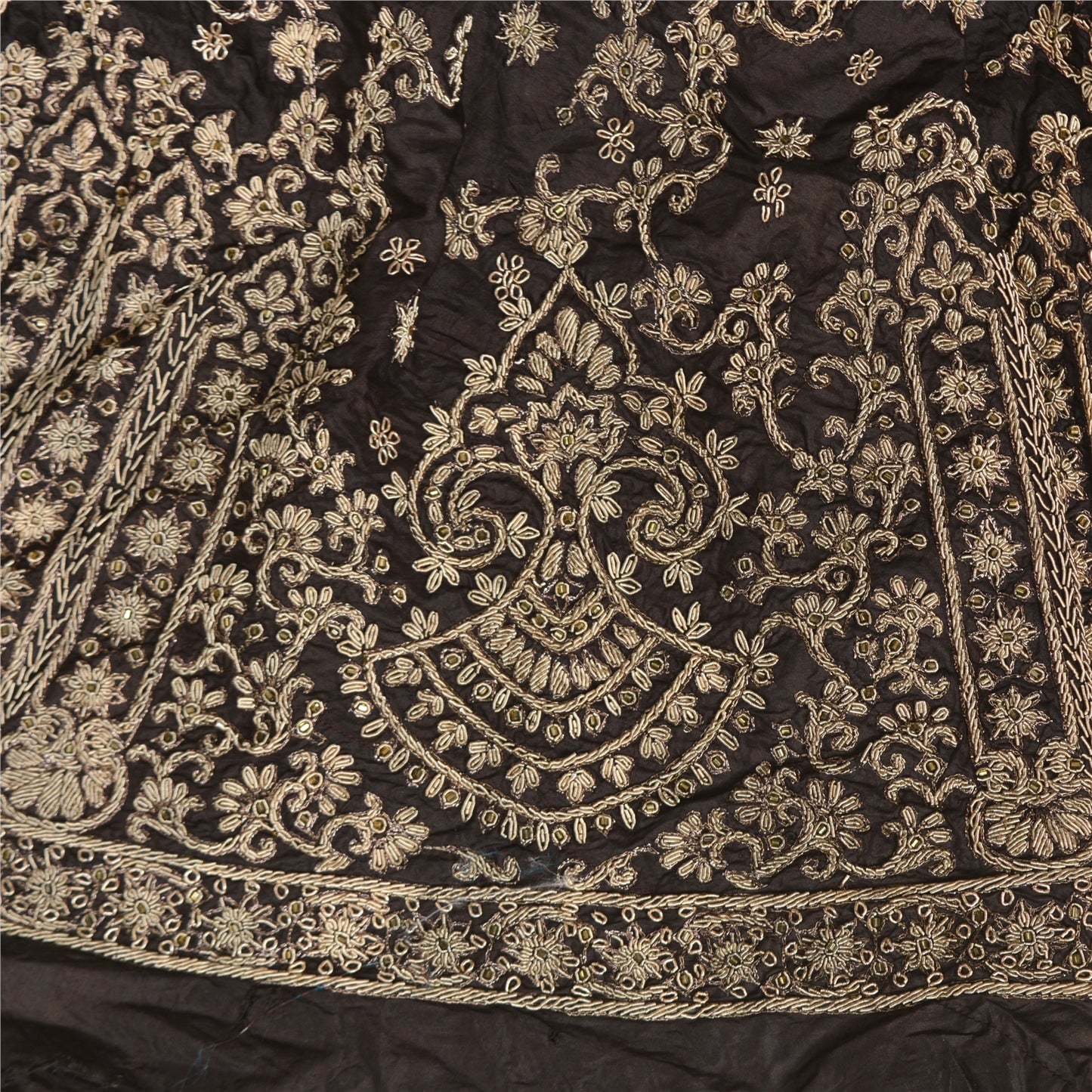 Sanskriti New Black Pure Silk Skirt Unstitched Long Indian Hand Beaded Antique Zardozi