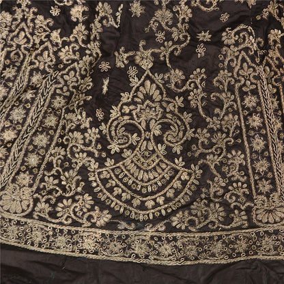 Sanskriti New Black Pure Silk Skirt Unstitched Long Indian Hand Beaded Antique Zardozi
