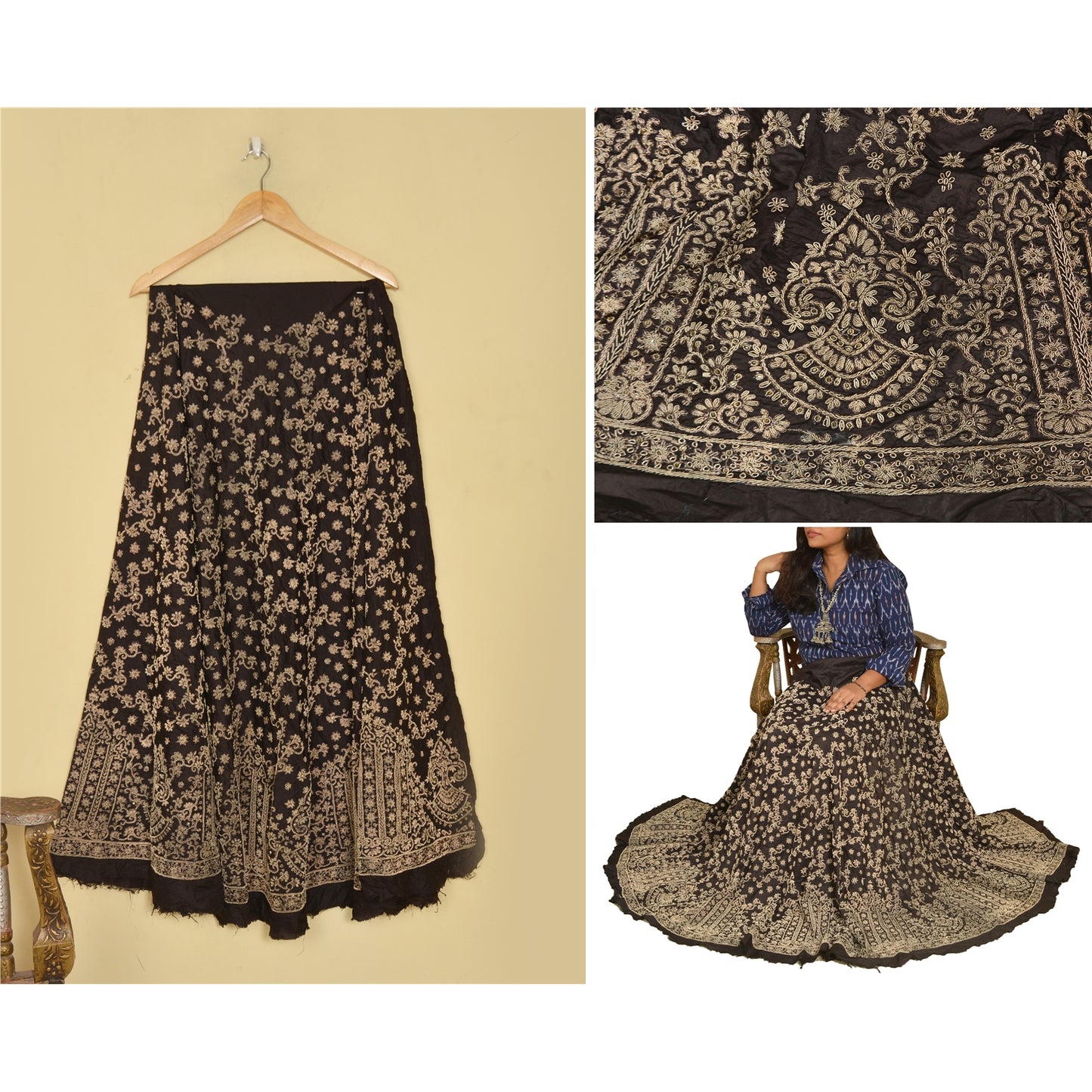 Sanskriti New Black Pure Silk Skirt Unstitched Long Indian Hand Beaded Antique Zardozi