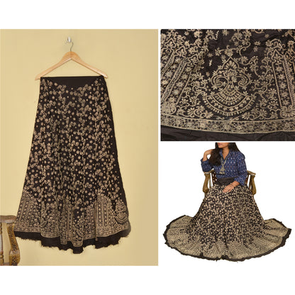 Sanskriti New Black Pure Silk Skirt Unstitched Long Indian Hand Beaded Antique Zardozi