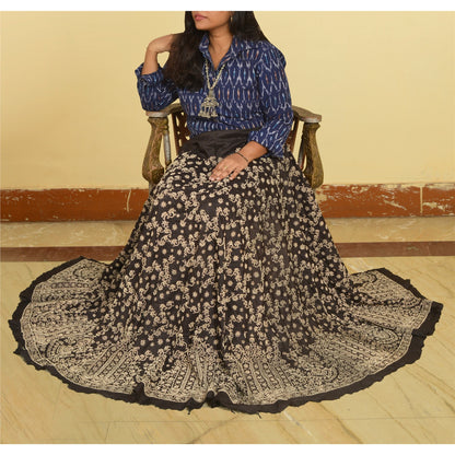 Sanskriti New Black Pure Silk Skirt Unstitched Long Indian Hand Beaded Antique Zardozi