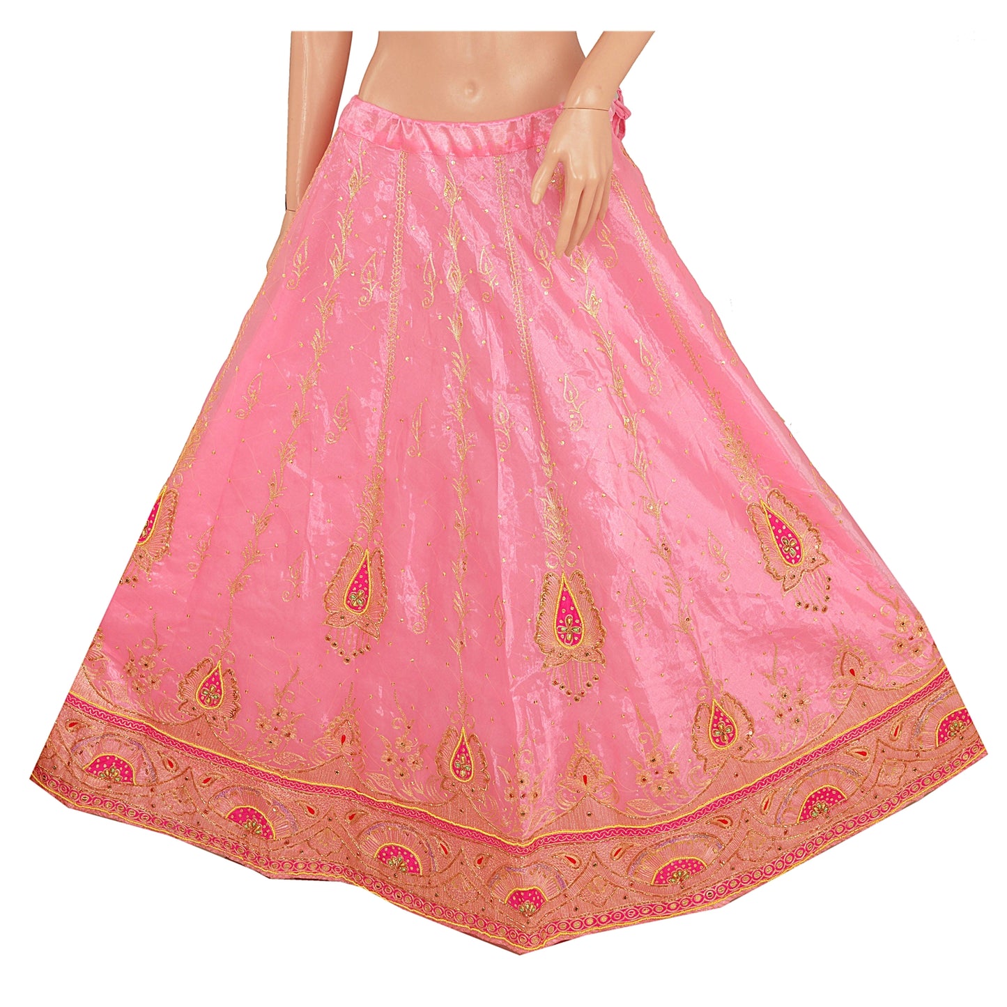Sanskriti vintage Pink Long Skirt Art Silk Hand Beaded Ethnic Antique Stitched