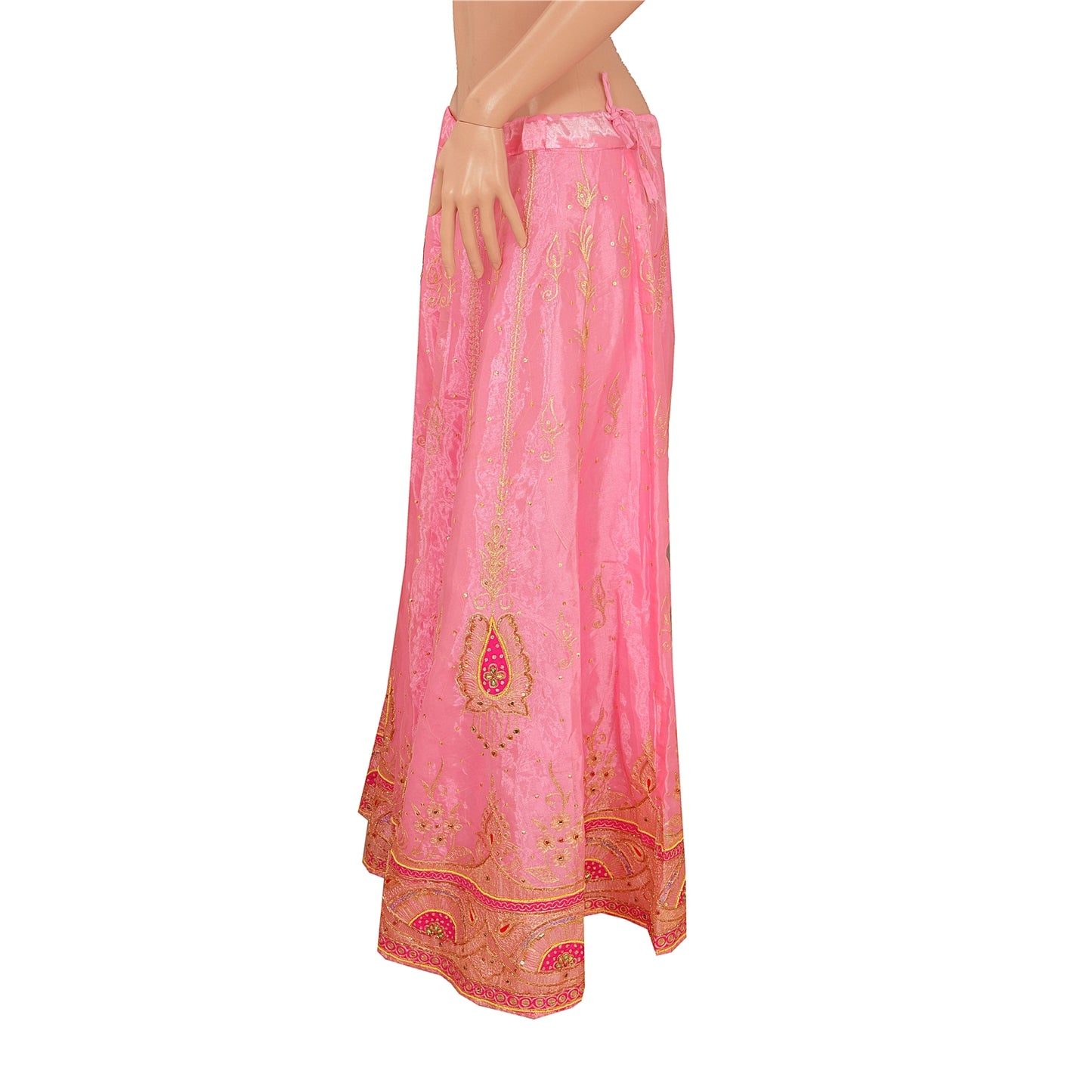 Sanskriti vintage Pink Long Skirt Art Silk Hand Beaded Ethnic Antique Stitched
