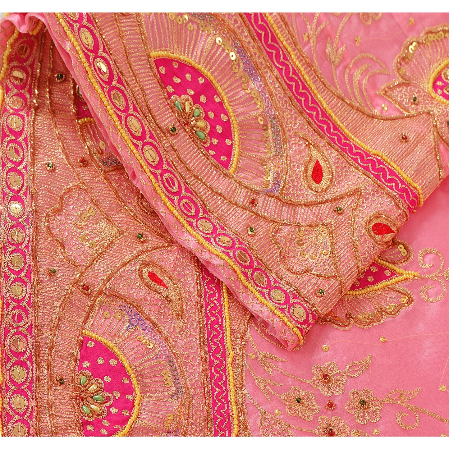 Sanskriti vintage Pink Long Skirt Art Silk Hand Beaded Ethnic Antique Stitched