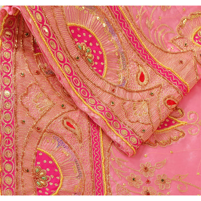 Sanskriti vintage Pink Long Skirt Art Silk Hand Beaded Ethnic Antique Stitched