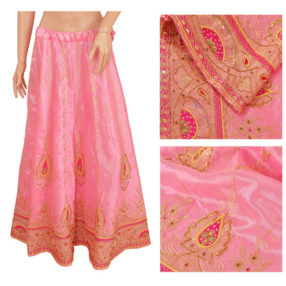 Sanskriti vintage Pink Long Skirt Art Silk Hand Beaded Ethnic Antique Stitched