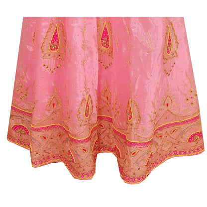 Sanskriti vintage Pink Long Skirt Art Silk Hand Beaded Ethnic Antique Stitched