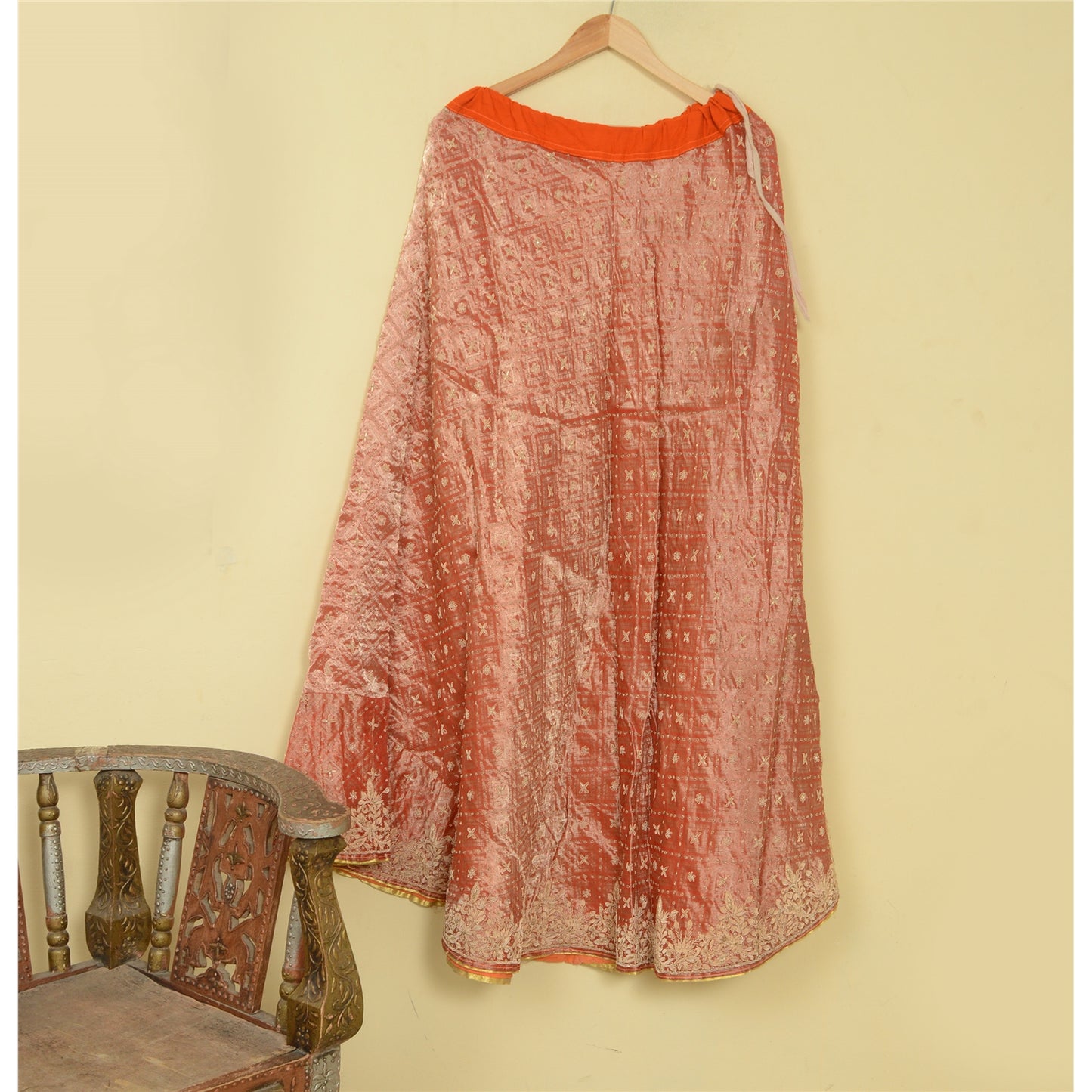 Sanskriti Red Long Skirt Pure Tissue Silk Hand Beaded Woven Stitched Lehenga