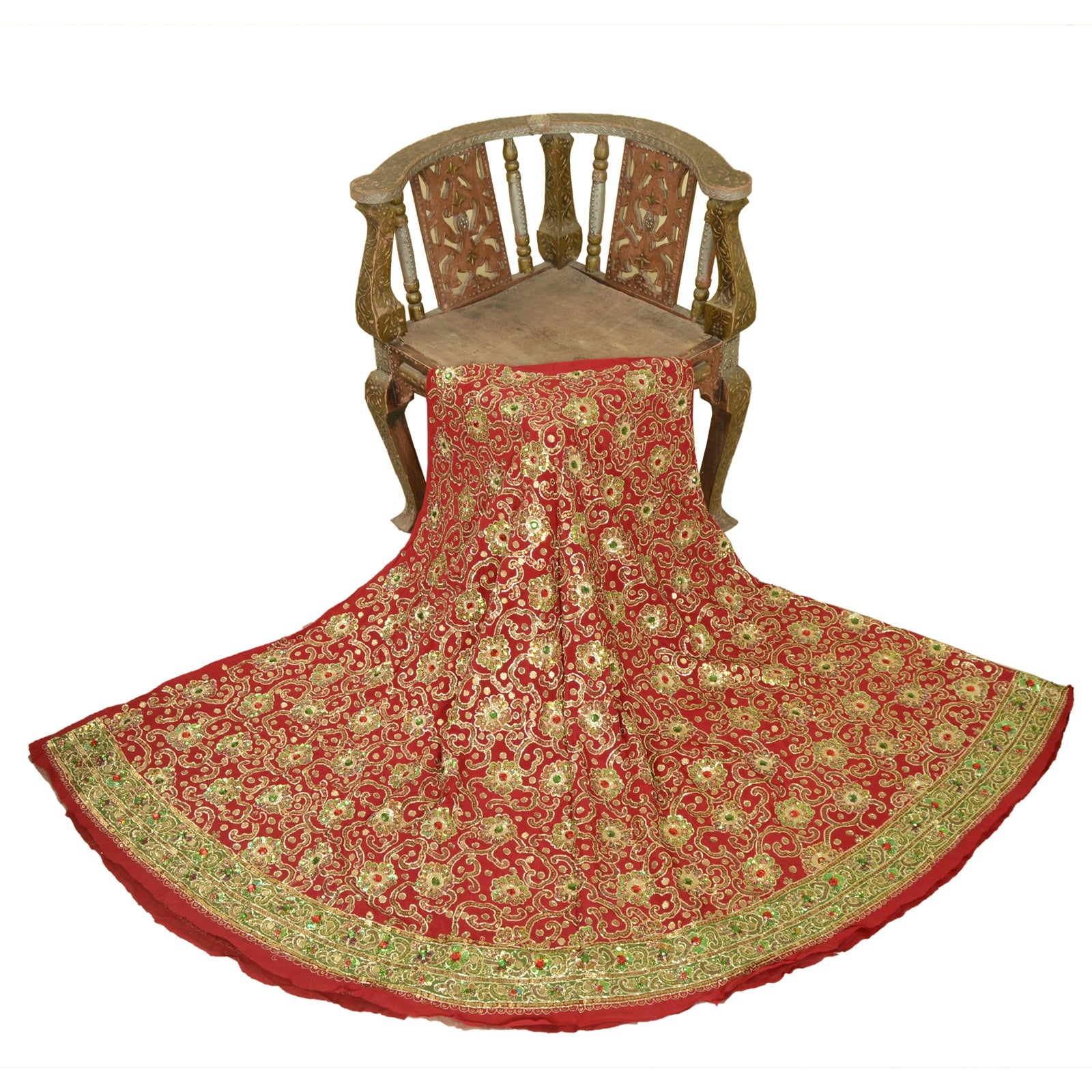 Sanskriti Red Wedding Long Skirt Pure Silk Hand Beaded Ethnic Unstitched Lehenga