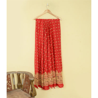 Sanskriti Red Long Skirt 100% Pure Silk Hand Beaded Ethnic Unstitched Lehenga