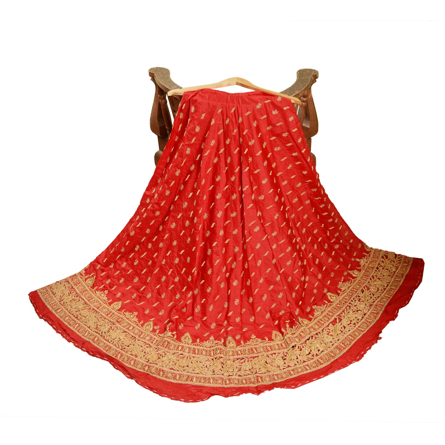 Sanskriti Red Long Skirt 100% Pure Silk Hand Beaded Ethnic Unstitched Lehenga